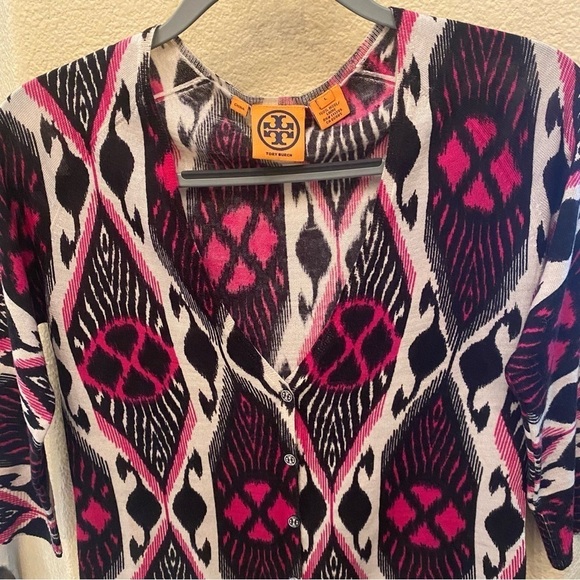 TORY BURCH Women 100% Wool Ikat Dabney 3/4 Sleeve Cardigan Size Large - Picture 2 of 7